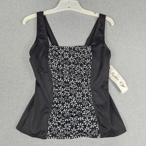 Inches Off Tankini Top Women 8 Black Floral Print Tummy Control Power Wide Strap